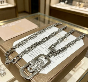 Bvlgari Silver Geometric Pendant Chain Necklace – Elegant Luxury Jewelry
